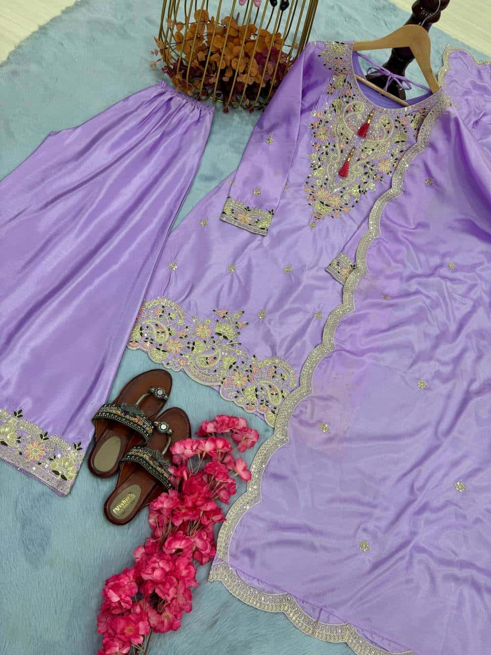 "Festive Embroidered Chinon Silk Ensemble with Tassels and Cutwork Dupatta"