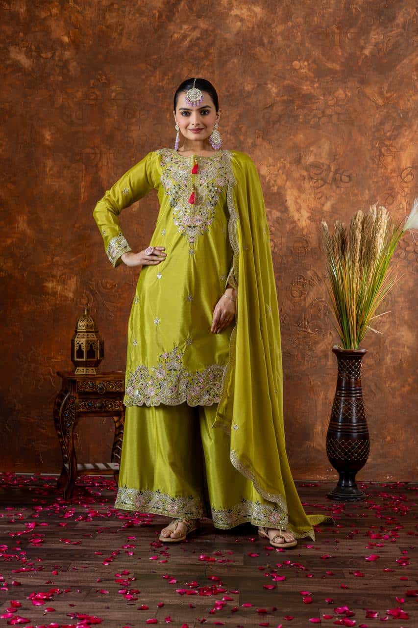 "Festive Embroidered Chinon Silk Ensemble with Tassels and Cutwork Dupatta"