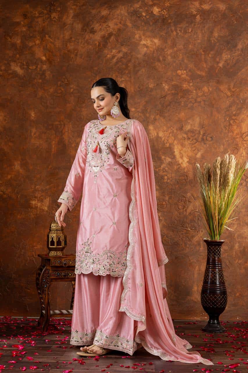 "Festive Embroidered Chinon Silk Ensemble with Tassels and Cutwork Dupatta"