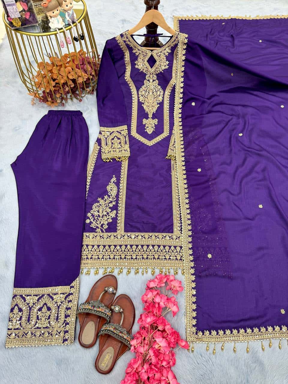 "Elegant Heavy Chinon Silk Embroidered Suit Set with Sequins, Dori Work & Fancy Latkan"