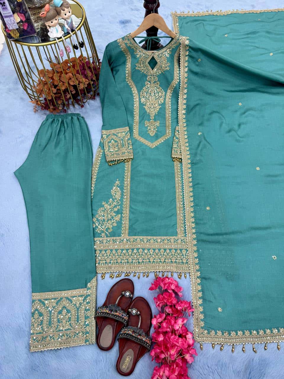 "Elegant Heavy Chinon Silk Embroidered Suit Set with Sequins, Dori Work & Fancy Latkan"