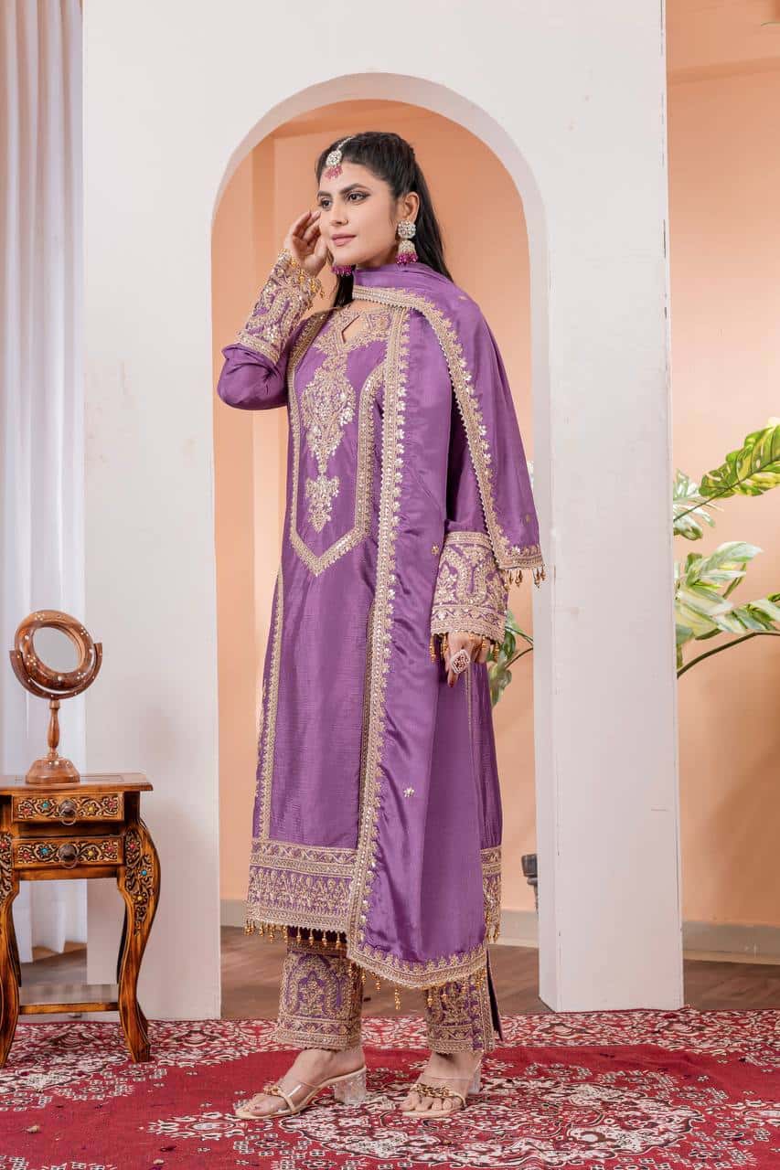 "Elegant Heavy Chinon Silk Embroidered Suit Set with Sequins, Dori Work & Fancy Latkan"