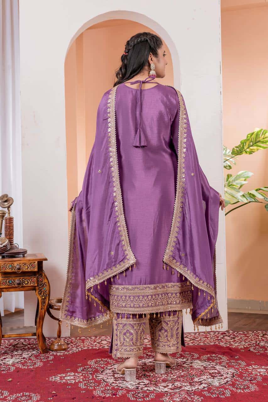 "Elegant Heavy Chinon Silk Embroidered Suit Set with Sequins, Dori Work & Fancy Latkan"