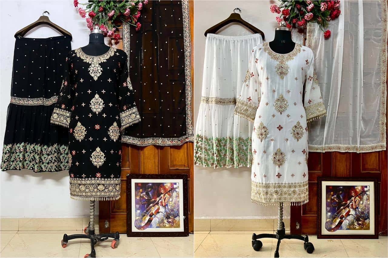 Heavy faux georgette readymade black and white stitch salwar suit