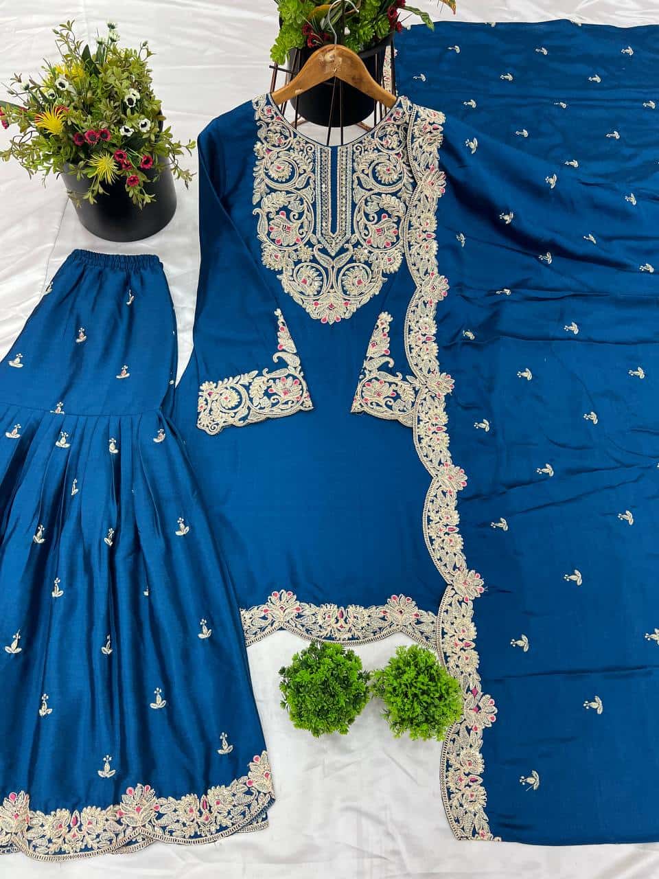 "Elegant Pure Chinnon Silk Embroidered Ensemble with Plazzo & Dupatta"