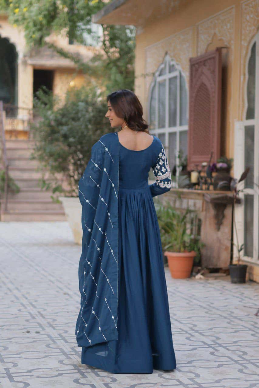 "Elegant Star Georgette Embroidered Gown with Beads, Sequins & Full Sleeves – Includes Dupatta"