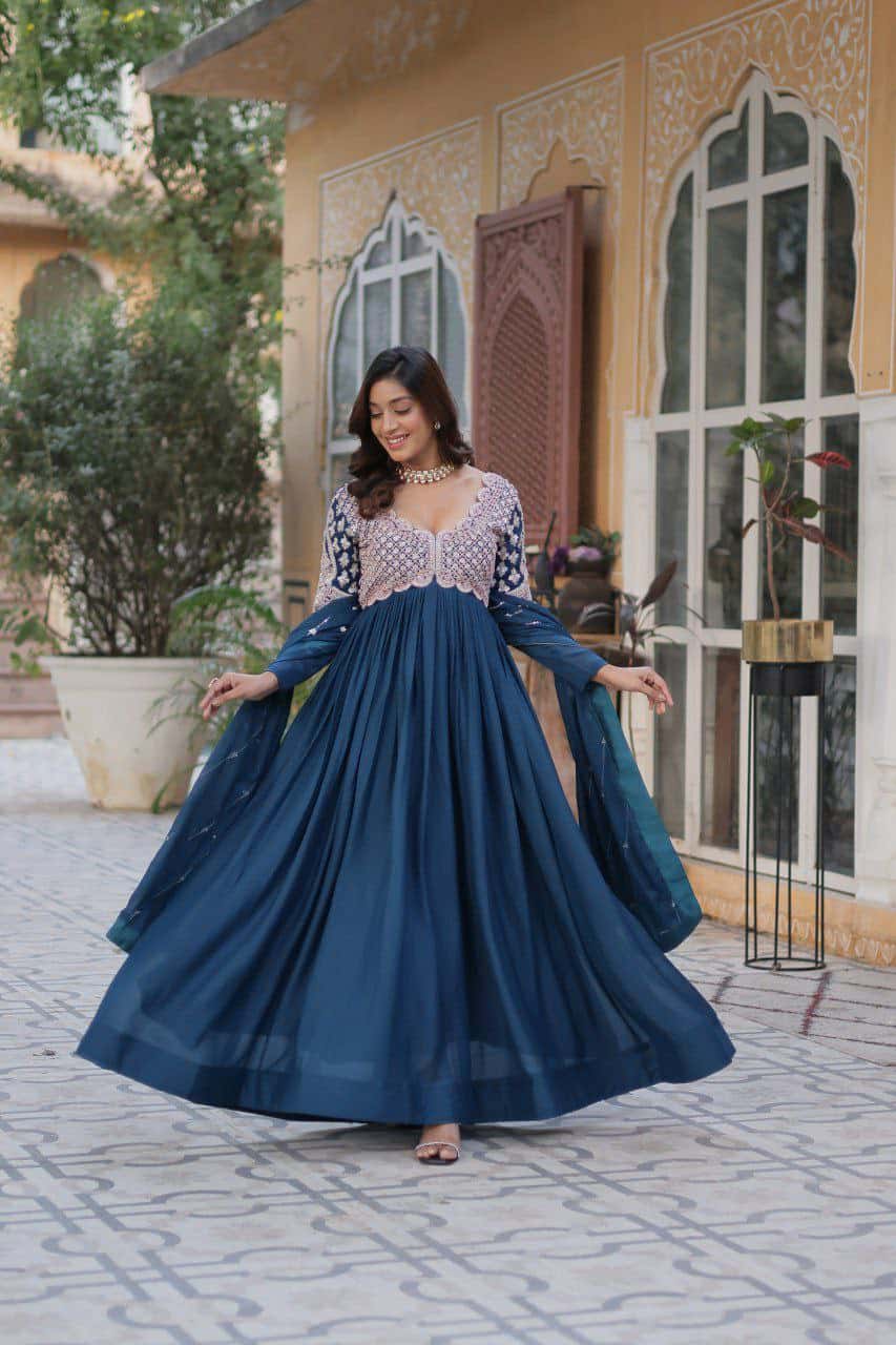 "Elegant Star Georgette Embroidered Gown with Beads, Sequins & Full Sleeves – Includes Dupatta"