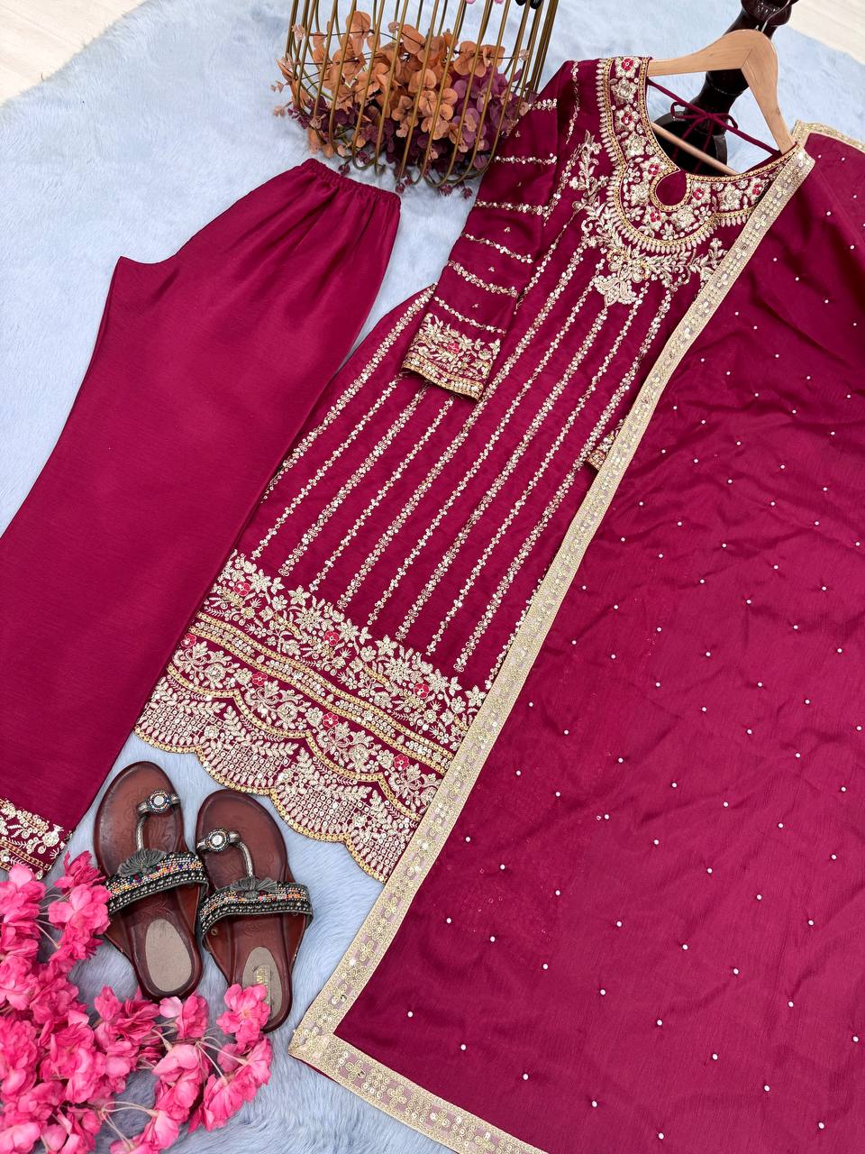 Elegant Embroidered Chinon Silk Suit Set