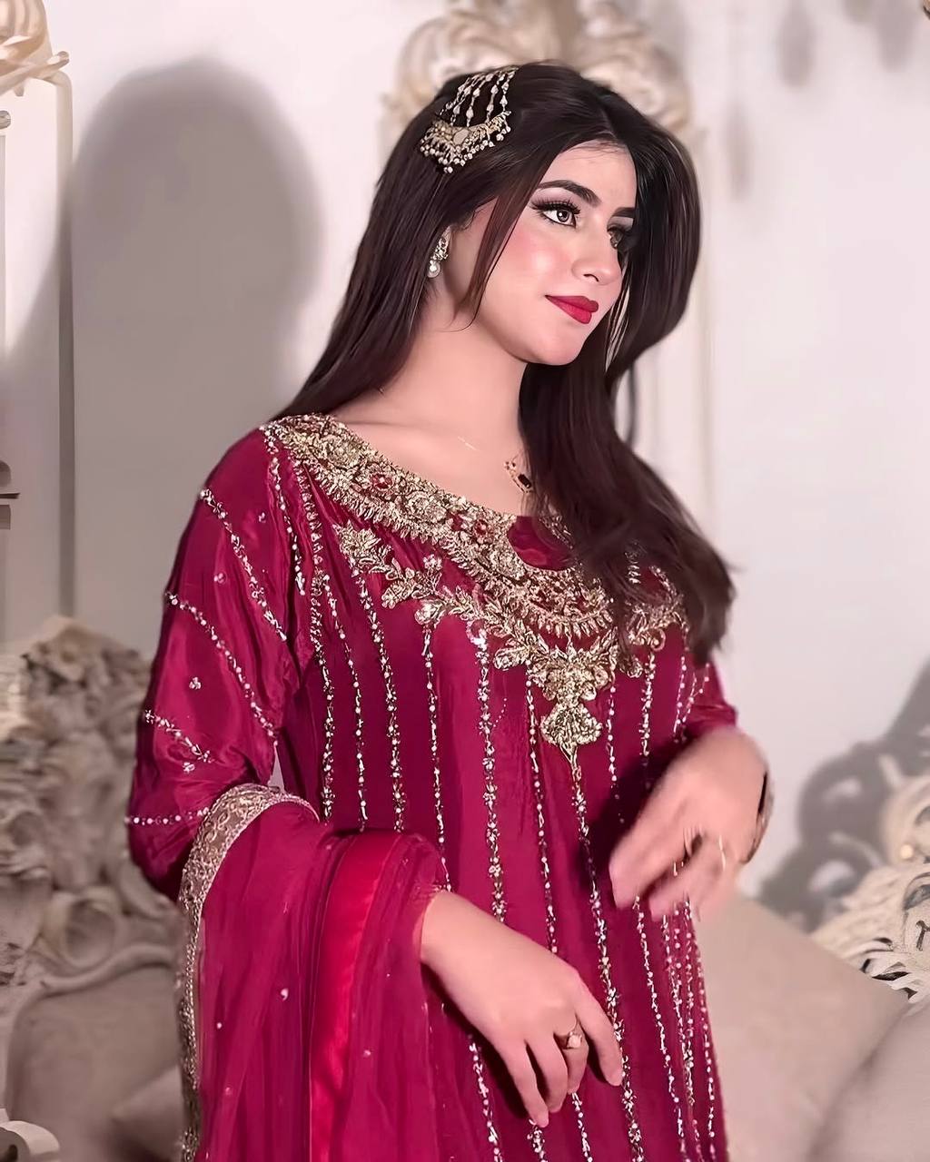 Elegant Embroidered Chinon Silk Suit Set