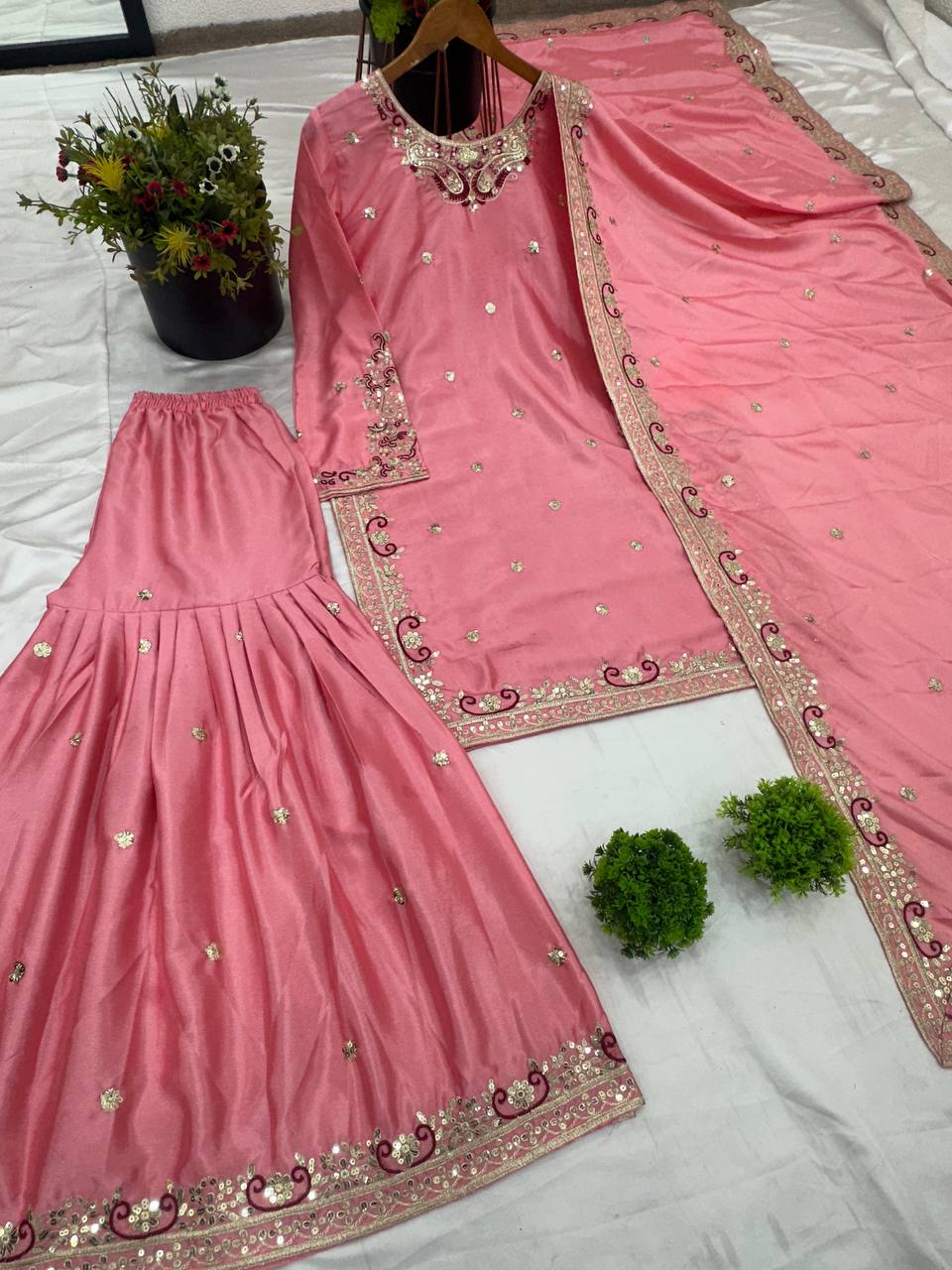 Silk heavy work kurta sharara with dupatta sets