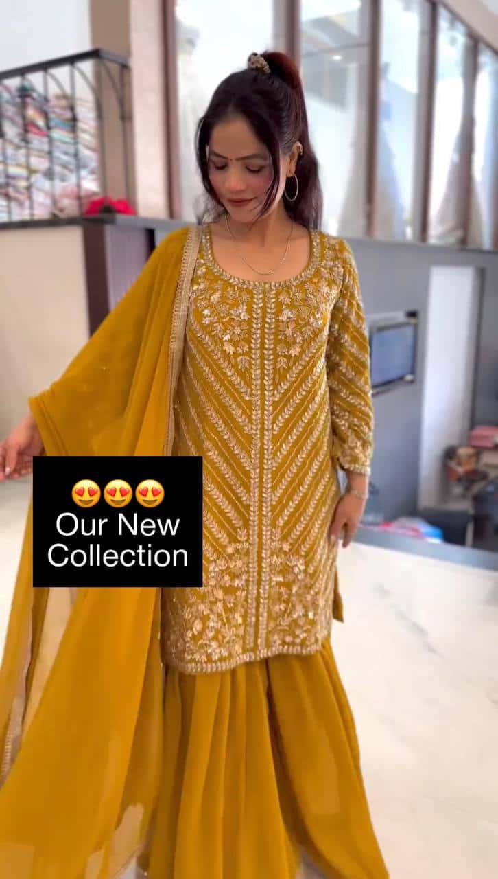 Embroidered Faux Georgette Top with Sharara Plazzo and Dupatta Set