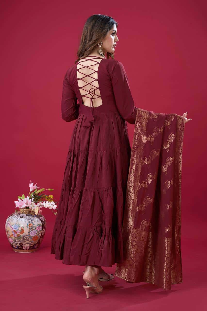 "Luxurious Embroidered Roman Silk Gown with Muslin Jacquard Dupatta & Micro Cotton Inner"