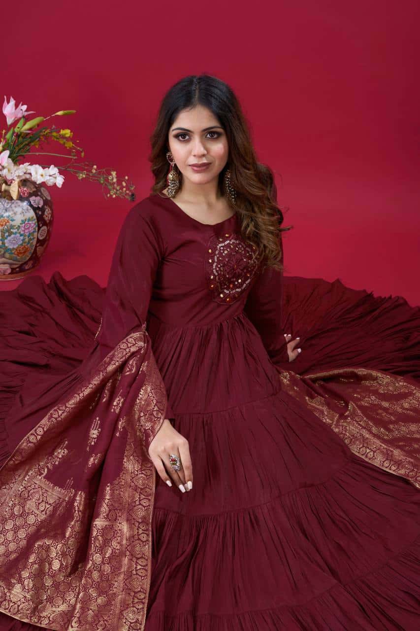 "Luxurious Embroidered Roman Silk Gown with Muslin Jacquard Dupatta & Micro Cotton Inner"