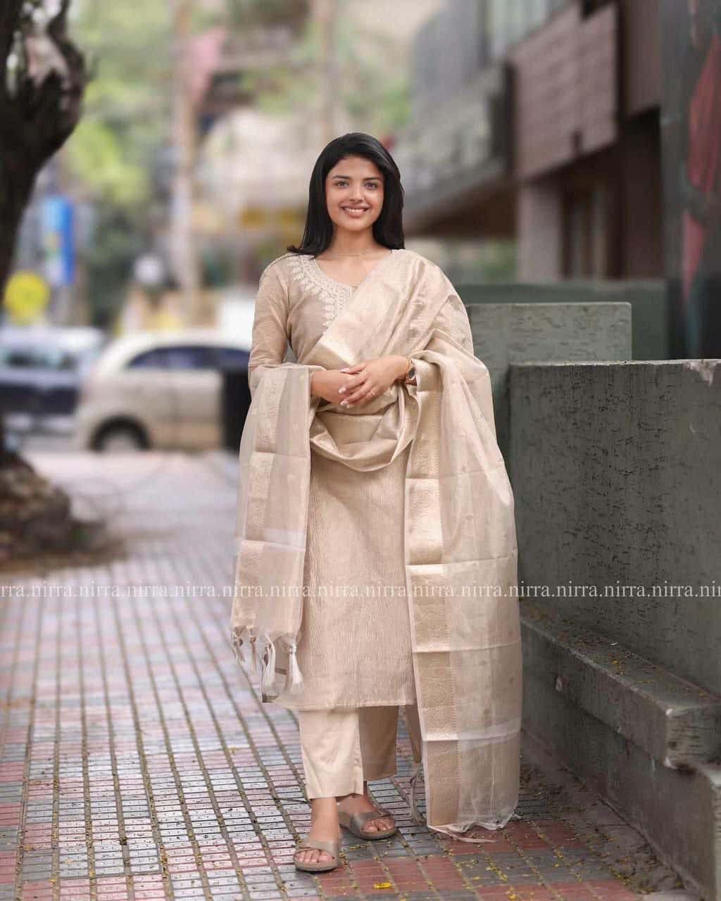 "Sophisticated Muted Light Brown Embroidered Gown with Foil Work Dupatta"
