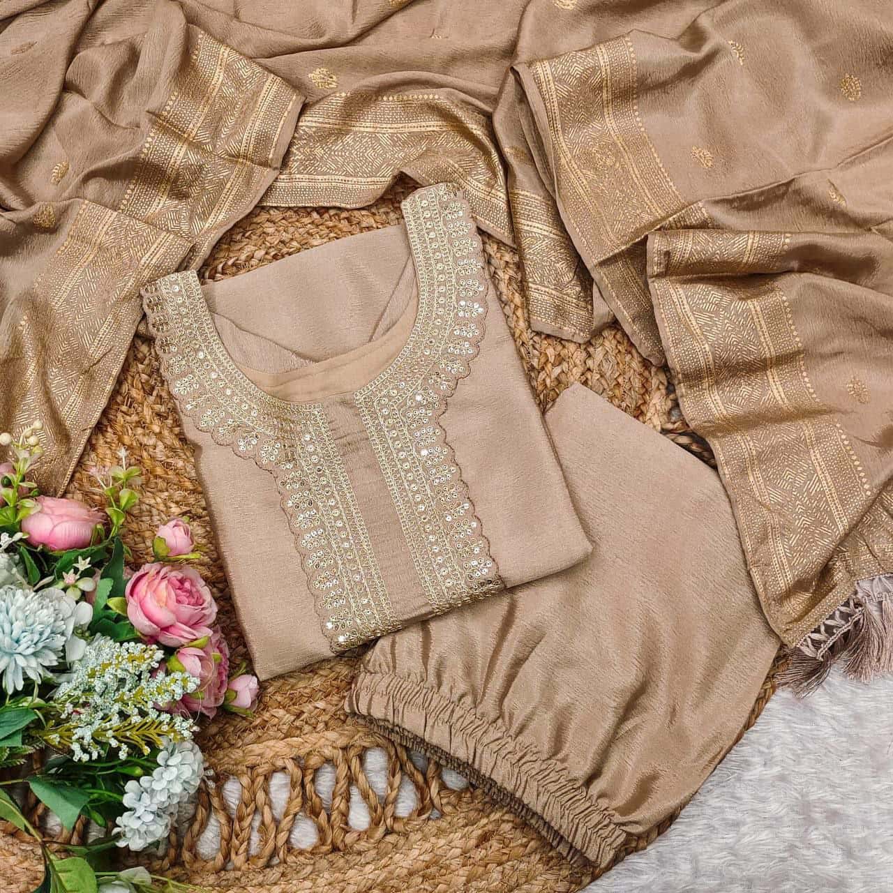 "Sophisticated Muted Light Brown Embroidered Gown with Foil Work Dupatta"