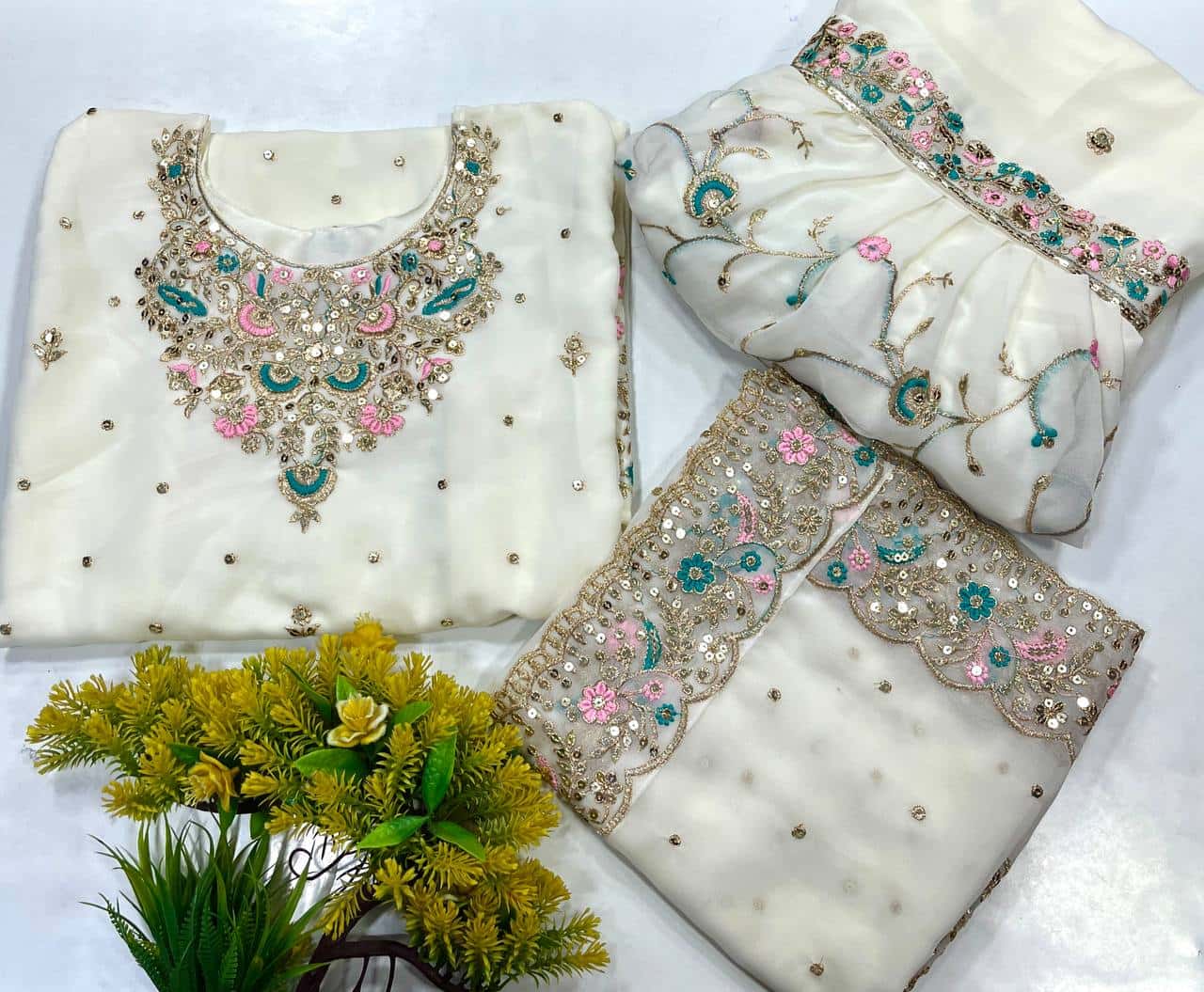 "Elegant Georgette Kurti & Sharara Set with Sequence & Thread Embroidery"