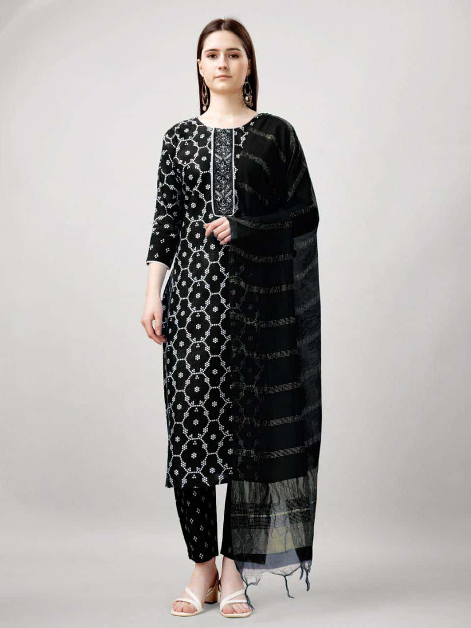 "Elegant Rayon Print Kurti with Embroidery, Fancy Lace Work & Silk Blend Dupatta"