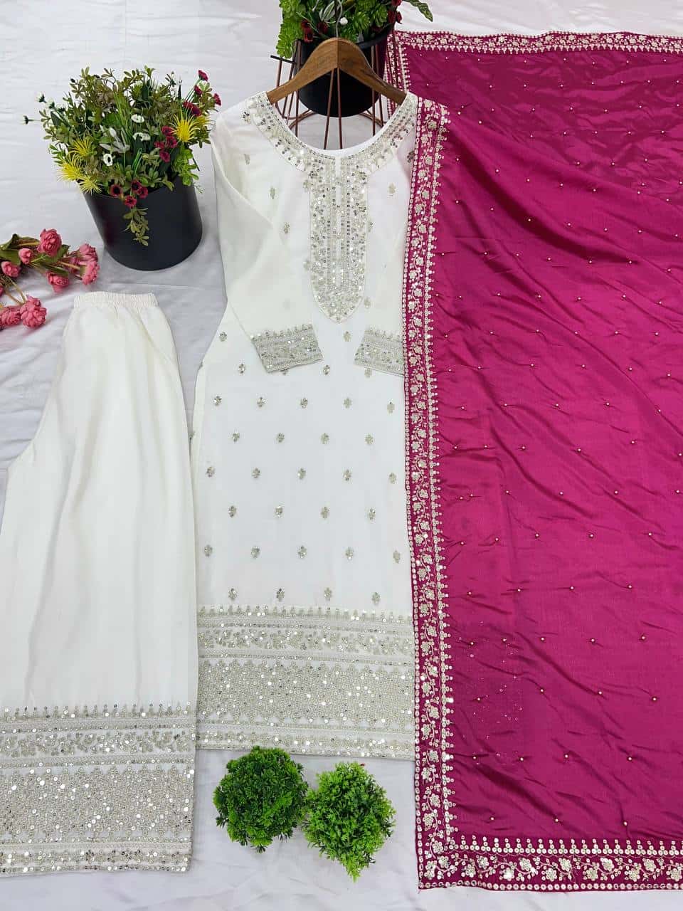 "Elegant Chinnon Silk Embroidered Top, Pant & Dupatta Set"