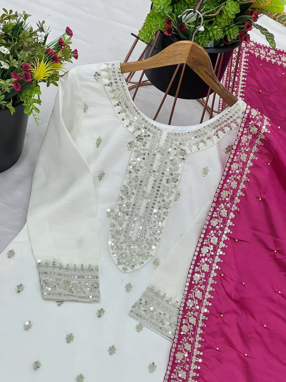 "Elegant Chinnon Silk Embroidered Top, Pant & Dupatta Set"