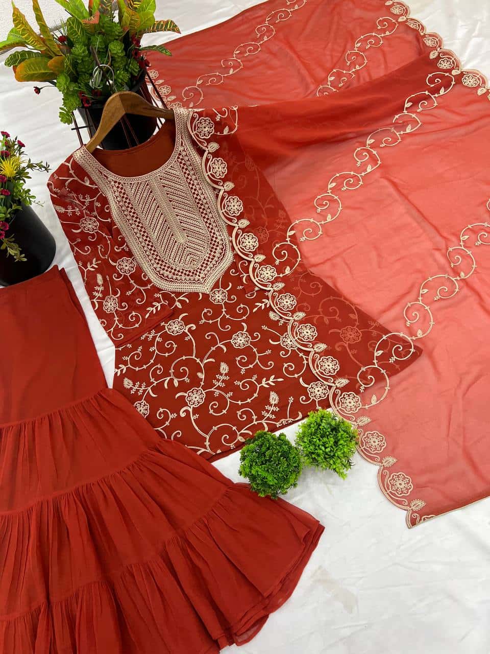 "Luxury Georgette Embroidered Top & Sharara Set with Dupatta"