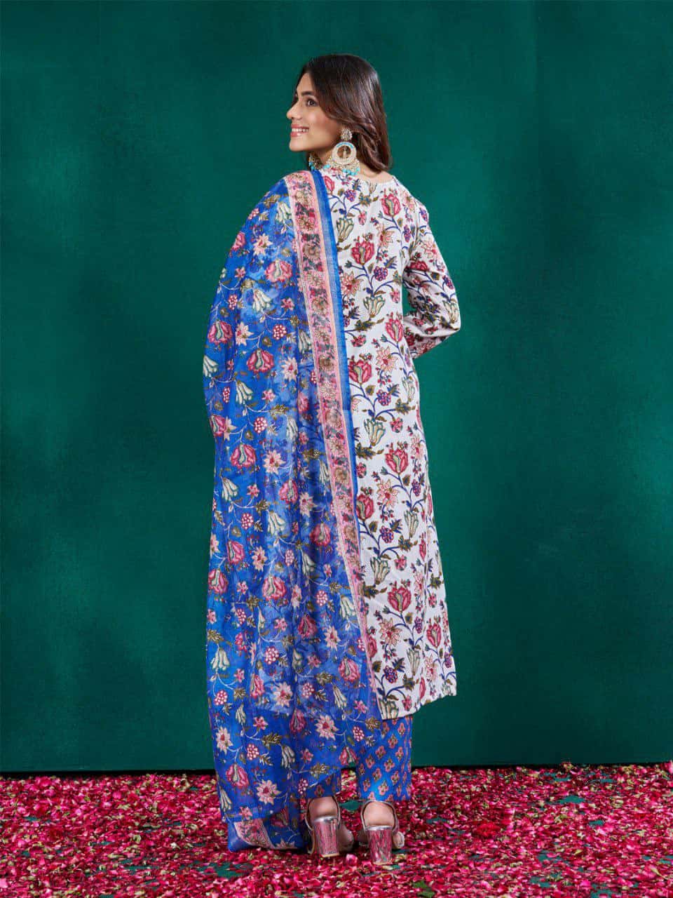 "Elegant White Cotton Blend Printed Kurti Set with Pant & Dupatta"