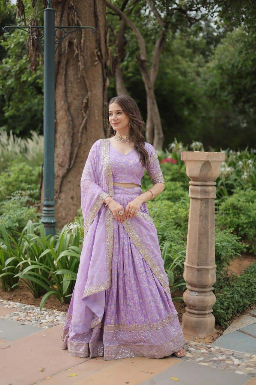 Pure Dyable Viscose Jacquard with Golden Embroidered Sequins Work Lehenga with Blouse