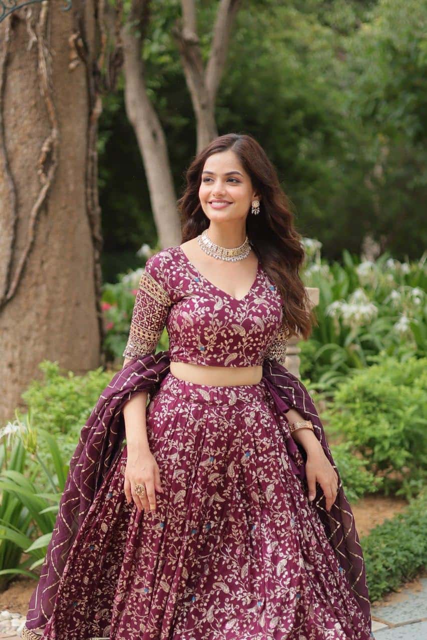 Pure Dyable Viscose Jacquard with Golden Embroidered Sequins Work Lehenga with Blouse