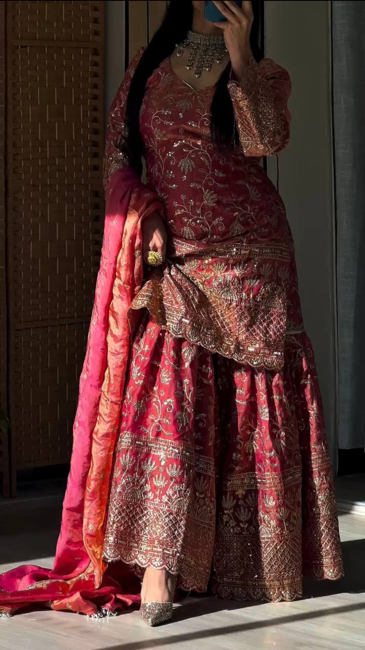 Heavy Fandy Crush Silk kurta with Sharara set