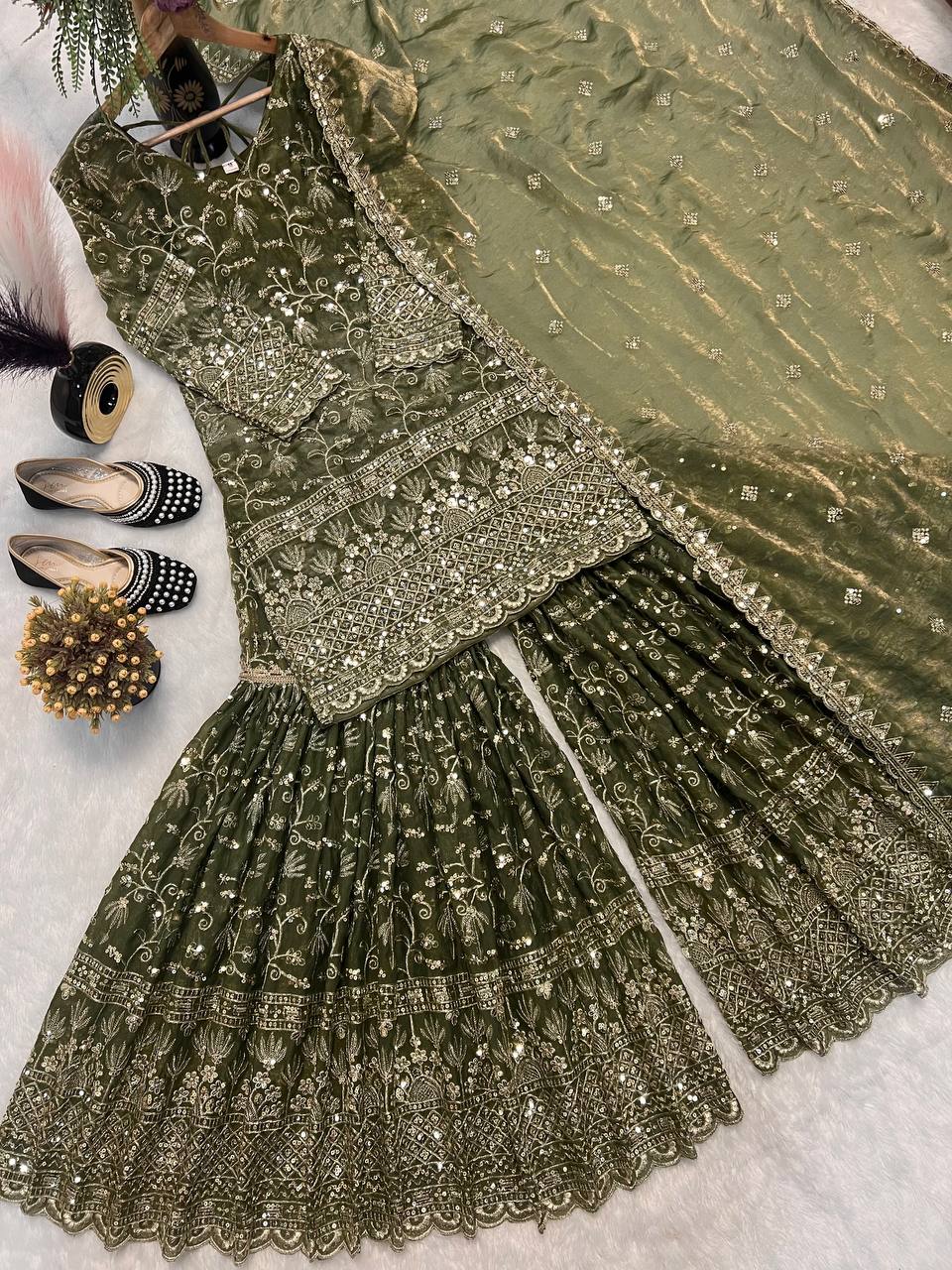 Heavy Fandy Crush Silk kurta with Sharara set