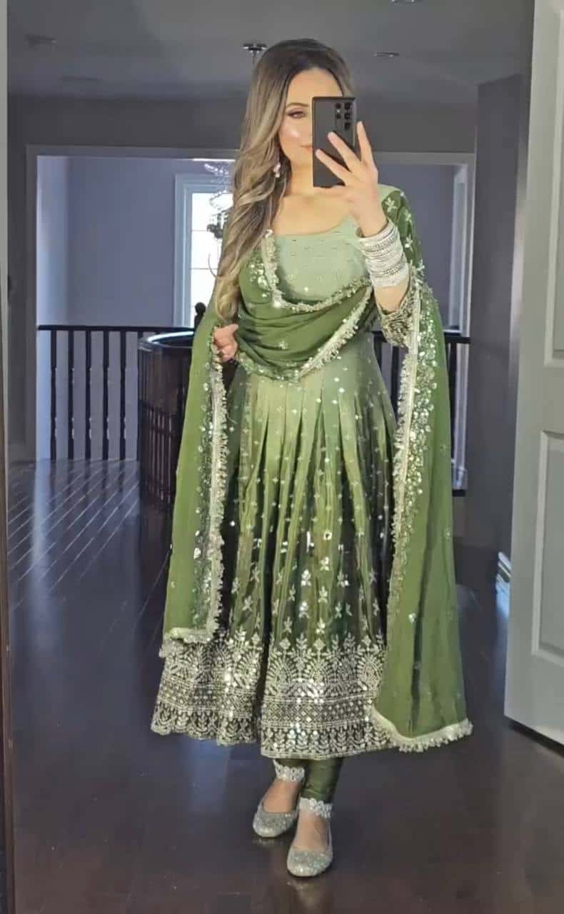 "Luxury Heavy Pur Chinon Silk Anarkali Set with Embroidery and Tassels"