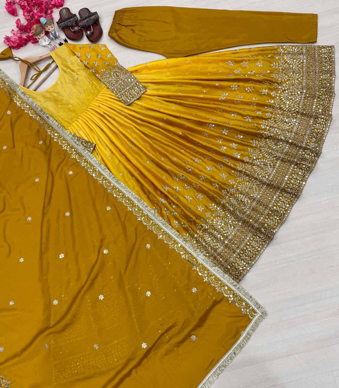 "Luxury Heavy Pur Chinon Silk Anarkali Set with Embroidery and Tassels"