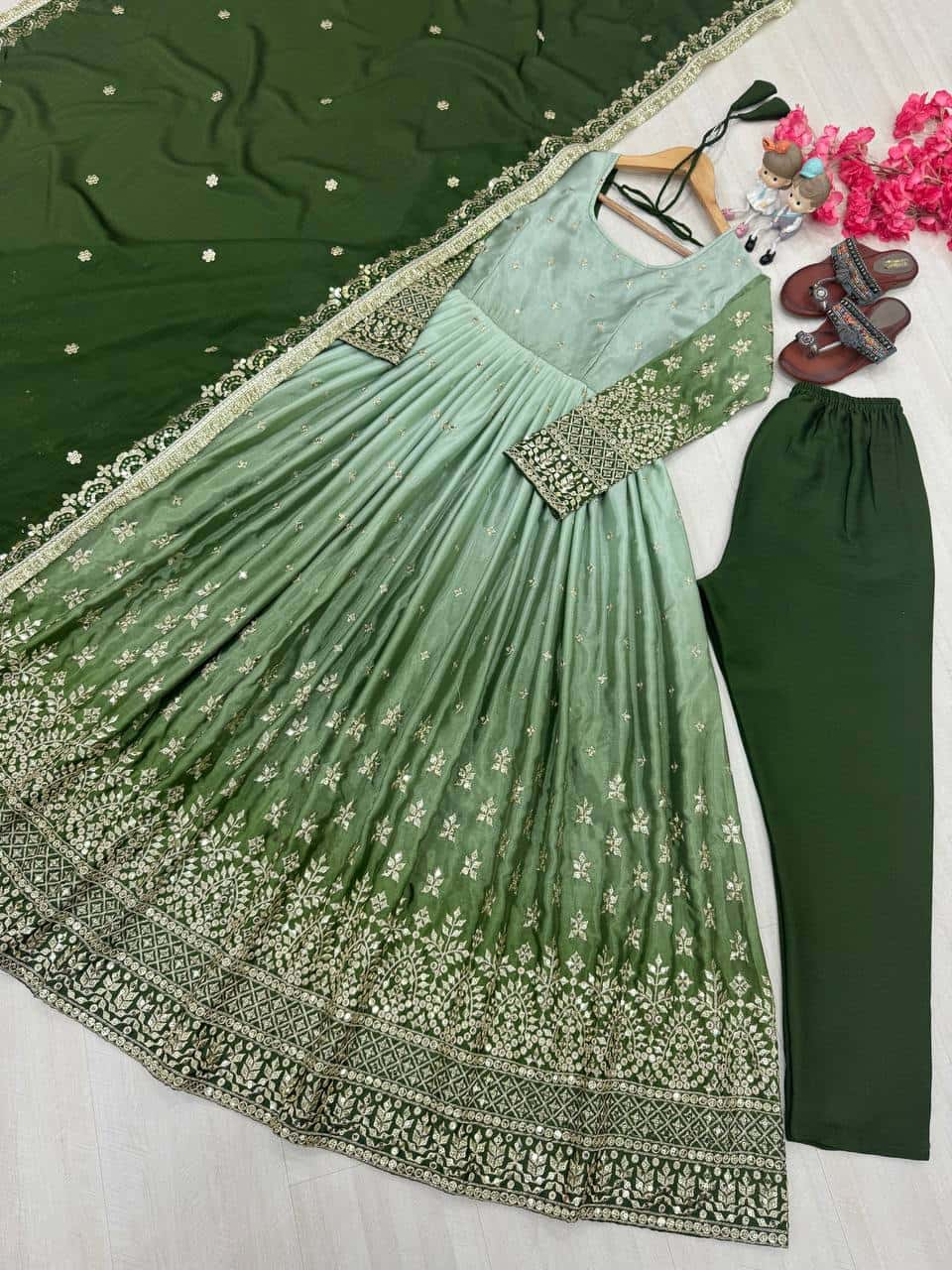 "Luxury Heavy Pur Chinon Silk Anarkali Set with Embroidery and Tassels"