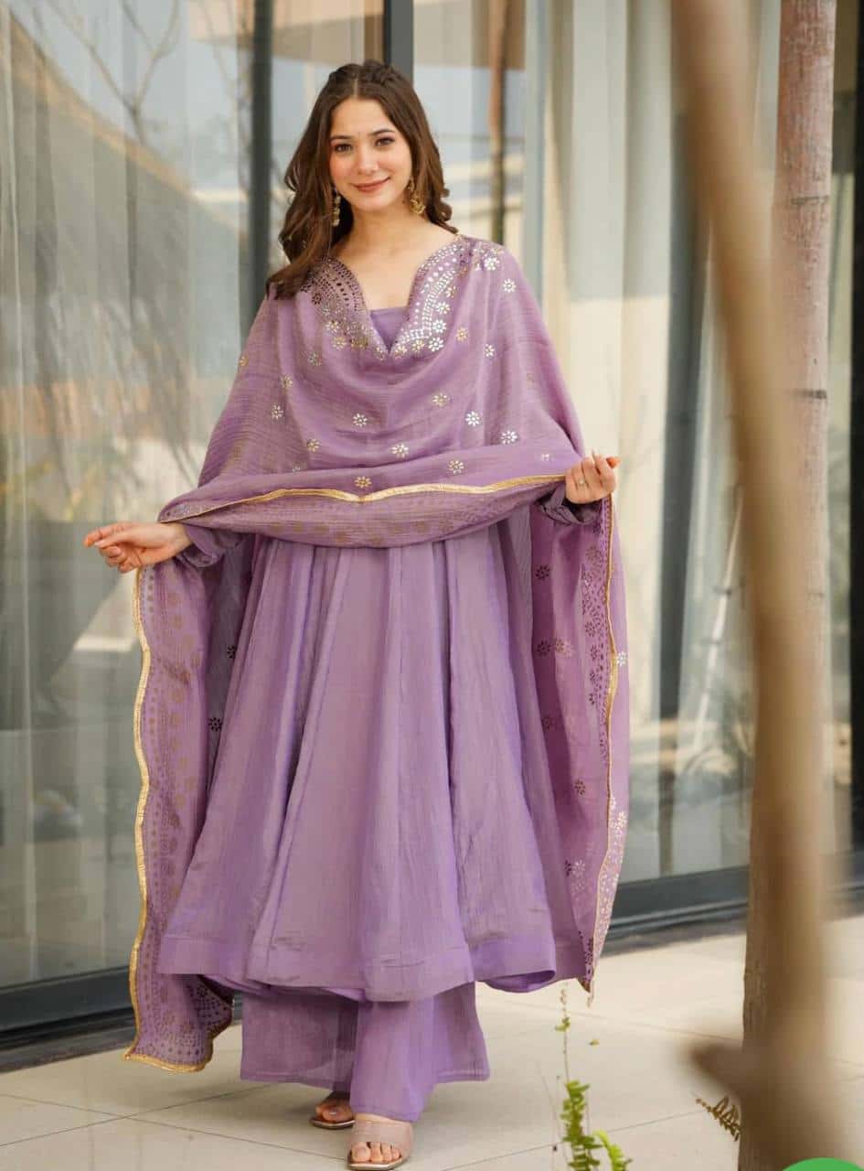 Luxury Heavy Fandy Silk Full Sleeve Gown with Embroidered Dupatta and Flared Bottom