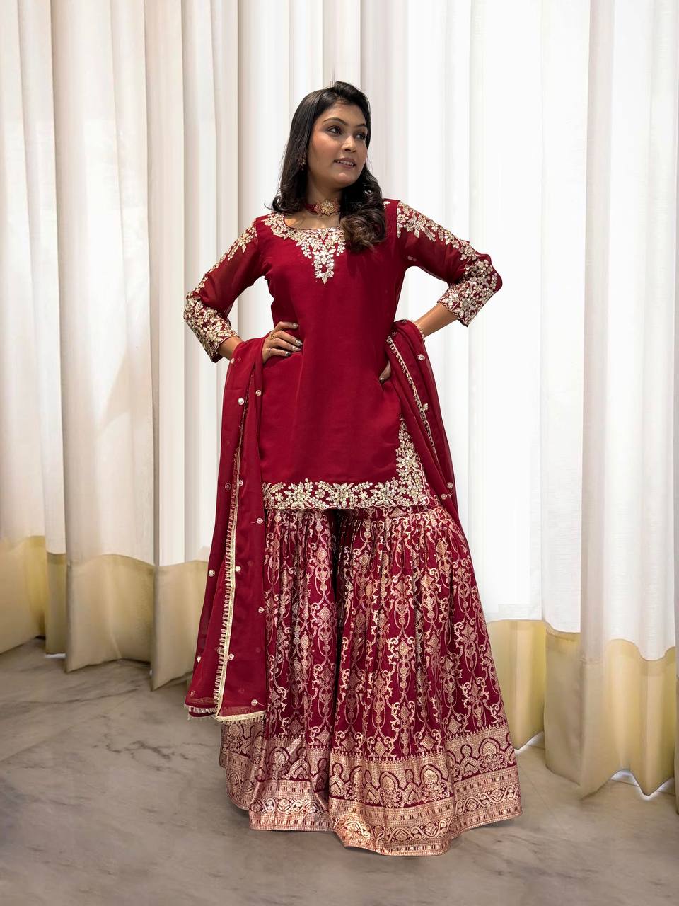 Wedding wear heavy red kurta Jacquard Silk sharara suit sets