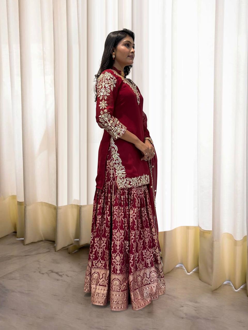 Wedding wear heavy red kurta Jacquard Silk sharara suit sets
