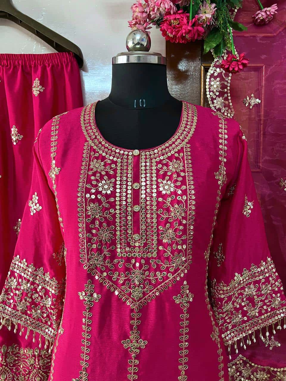 Heavy chinon silk sequence embroidery readymade stitch salwar suit