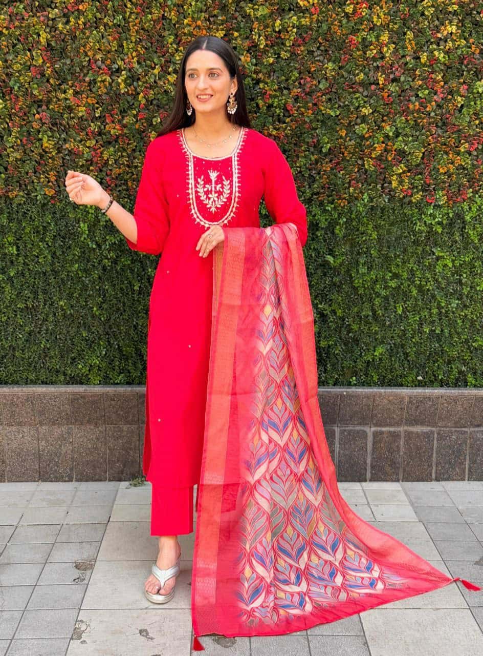 "Premium Red Roman Silk Dress with Heavy Chanderi Dupatta and Handwork"