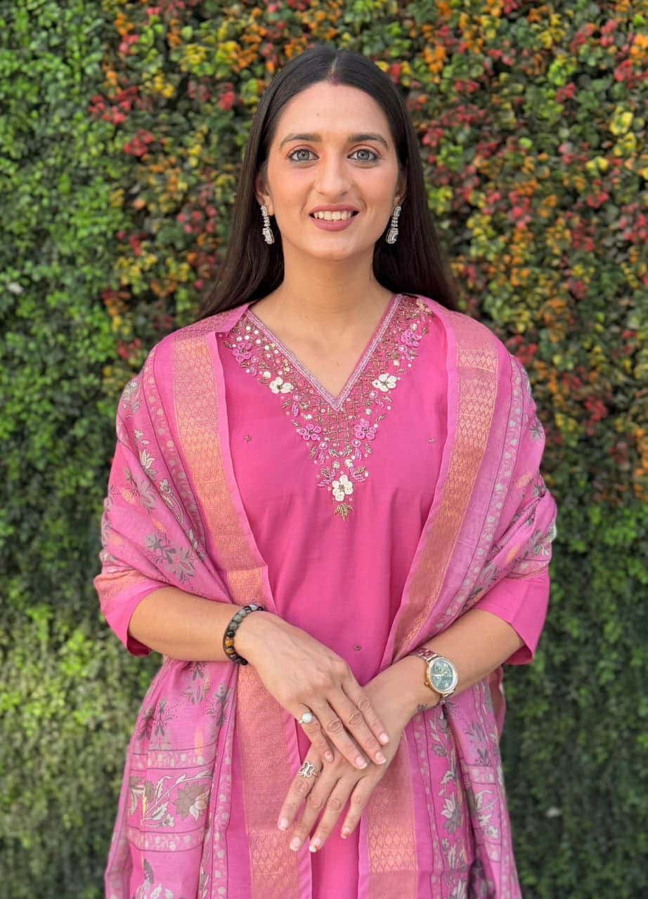 "Rouge Premium Roman Silk Dress with Heavy Chanderi Dupatta and Handwork"