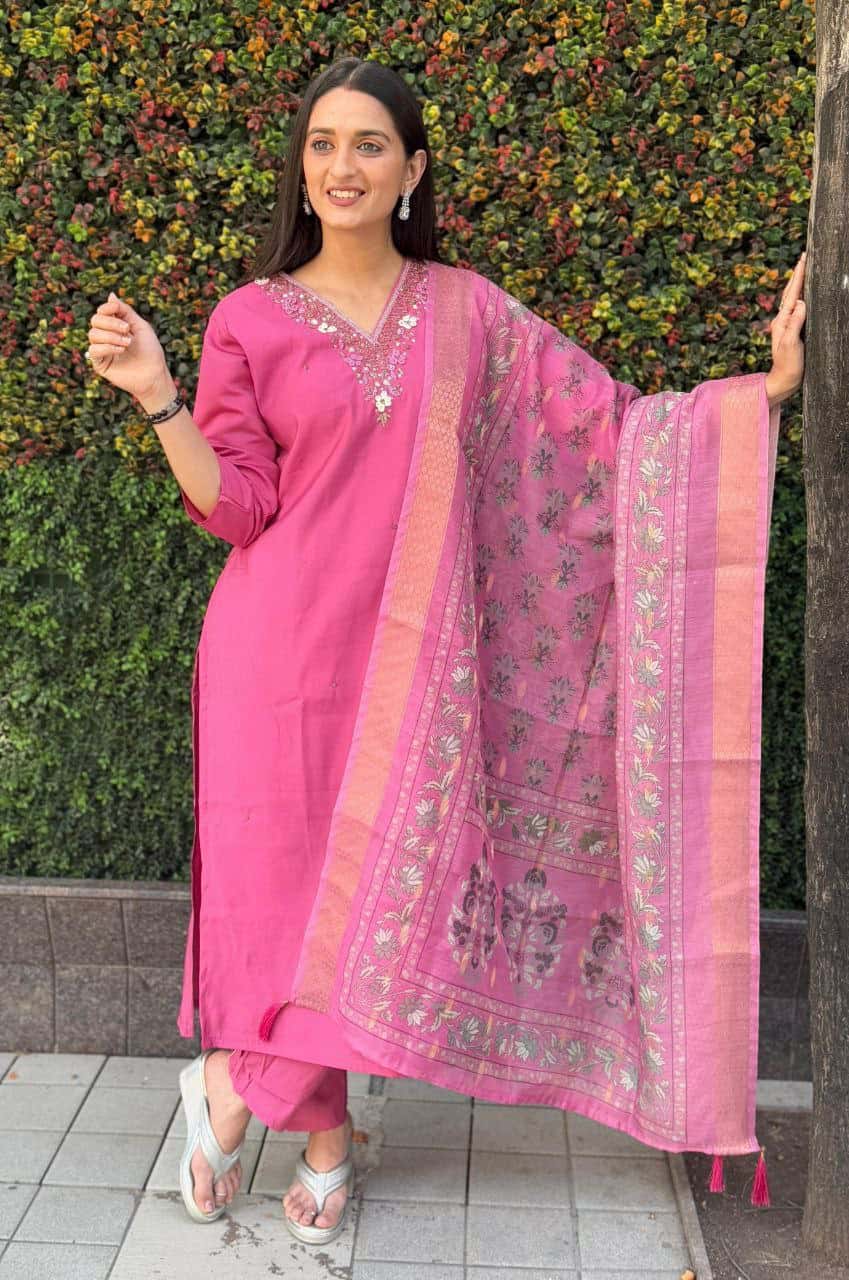 "Rouge Premium Roman Silk Dress with Heavy Chanderi Dupatta and Handwork"