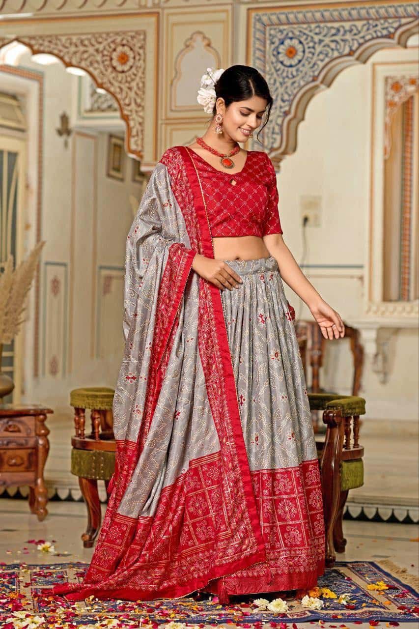 Tussar Silk with Minakari with Foil Print Lehenga