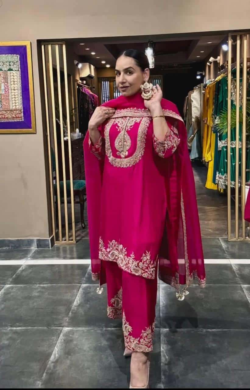 Heavy Chinon Silk with heavy embroidery Top Pant with Dupatta Set