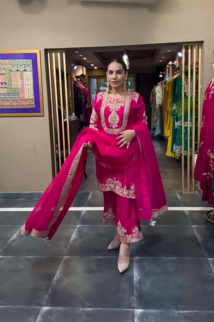 Heavy Chinon Silk with heavy embroidery Top Pant with Dupatta Set