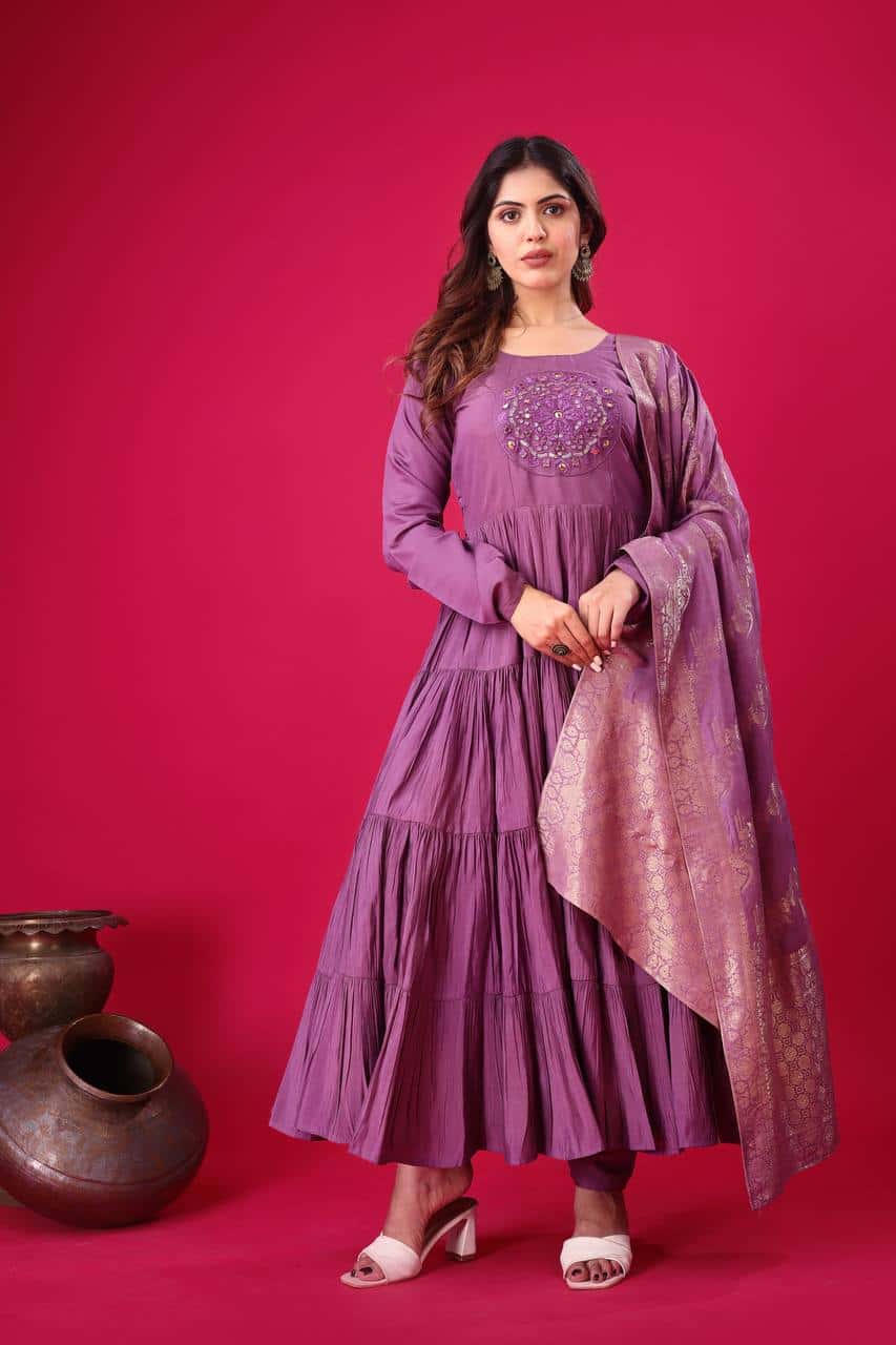 "Luxurious Embroidered Roman Silk Gown with Muslin Jacquard Dupatta & Micro Cotton Inner"