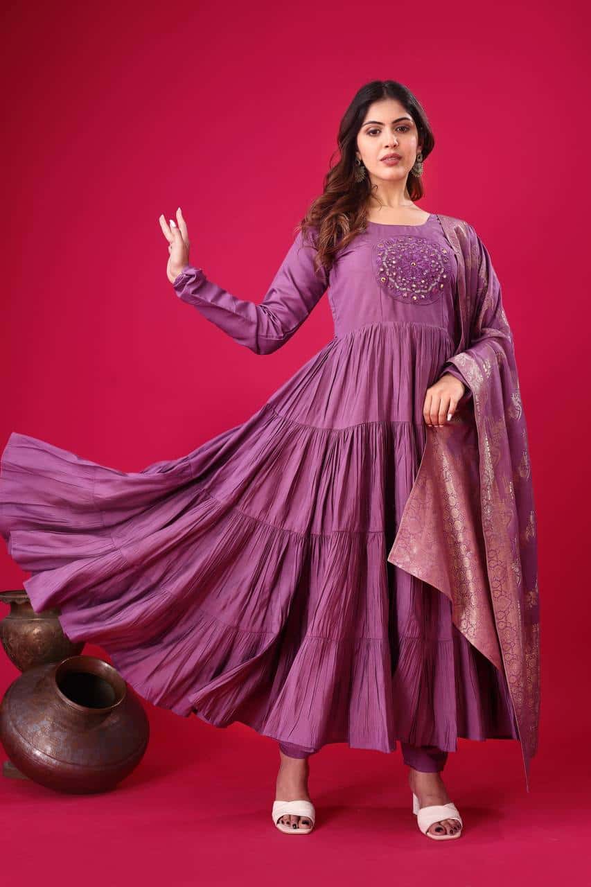 "Luxurious Embroidered Roman Silk Gown with Muslin Jacquard Dupatta & Micro Cotton Inner"