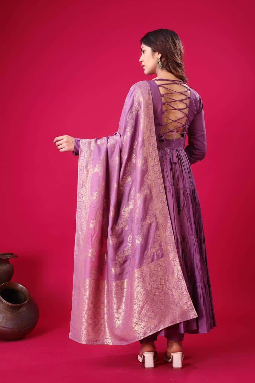 "Luxurious Embroidered Roman Silk Gown with Muslin Jacquard Dupatta & Micro Cotton Inner"