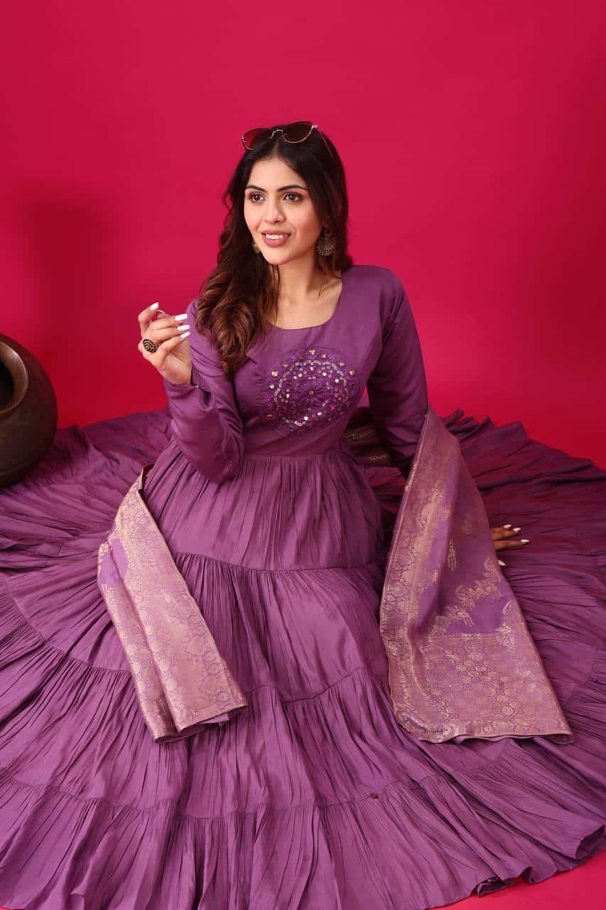 "Luxurious Embroidered Roman Silk Gown with Muslin Jacquard Dupatta & Micro Cotton Inner"