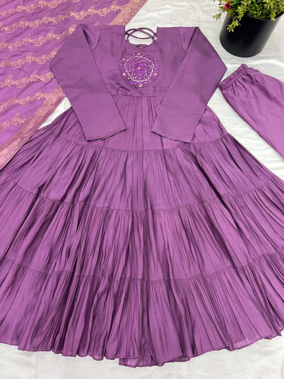 "Luxurious Embroidered Roman Silk Gown with Muslin Jacquard Dupatta & Micro Cotton Inner"
