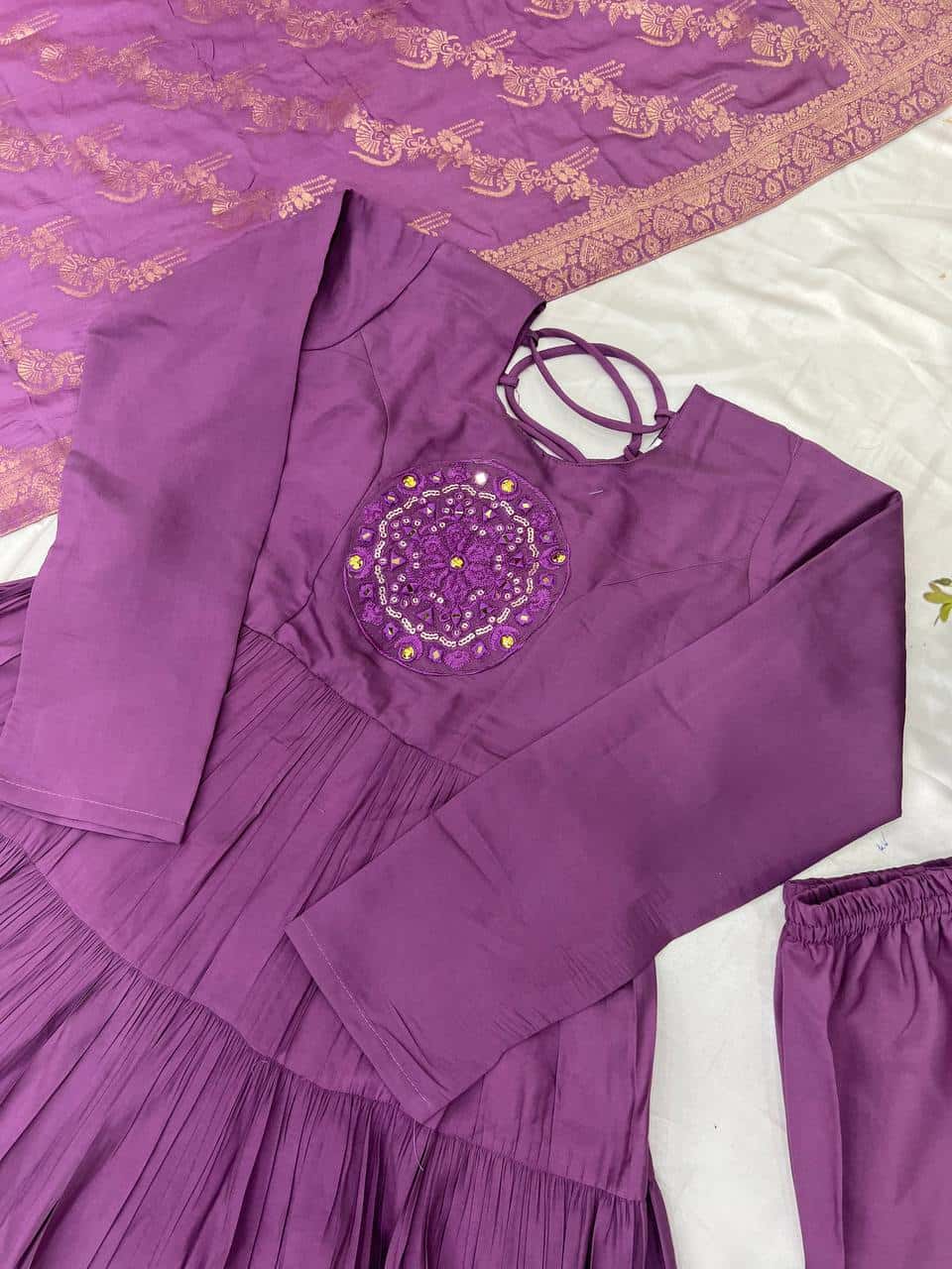 "Luxurious Embroidered Roman Silk Gown with Muslin Jacquard Dupatta & Micro Cotton Inner"