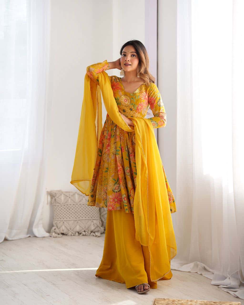 "Elegant Kediya Kurta Set with Pure Romansilk Chanderi Fabric, Fancy Lace Work Dupatta, and Fully Stitched Palazzo"