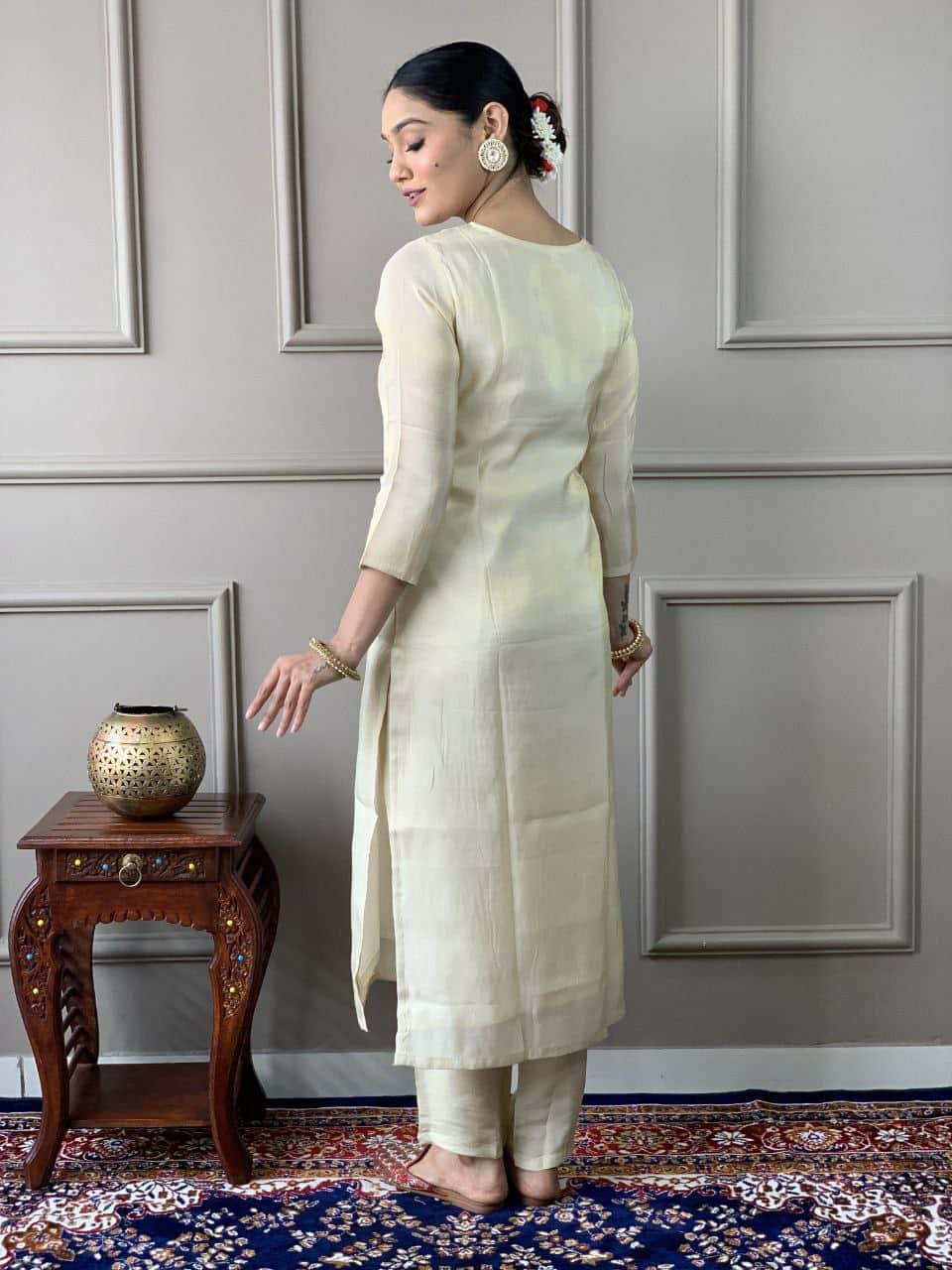 "Elegant PV Chanderi Set with Sequence Embroidery and Printed Silk Dupatta"
